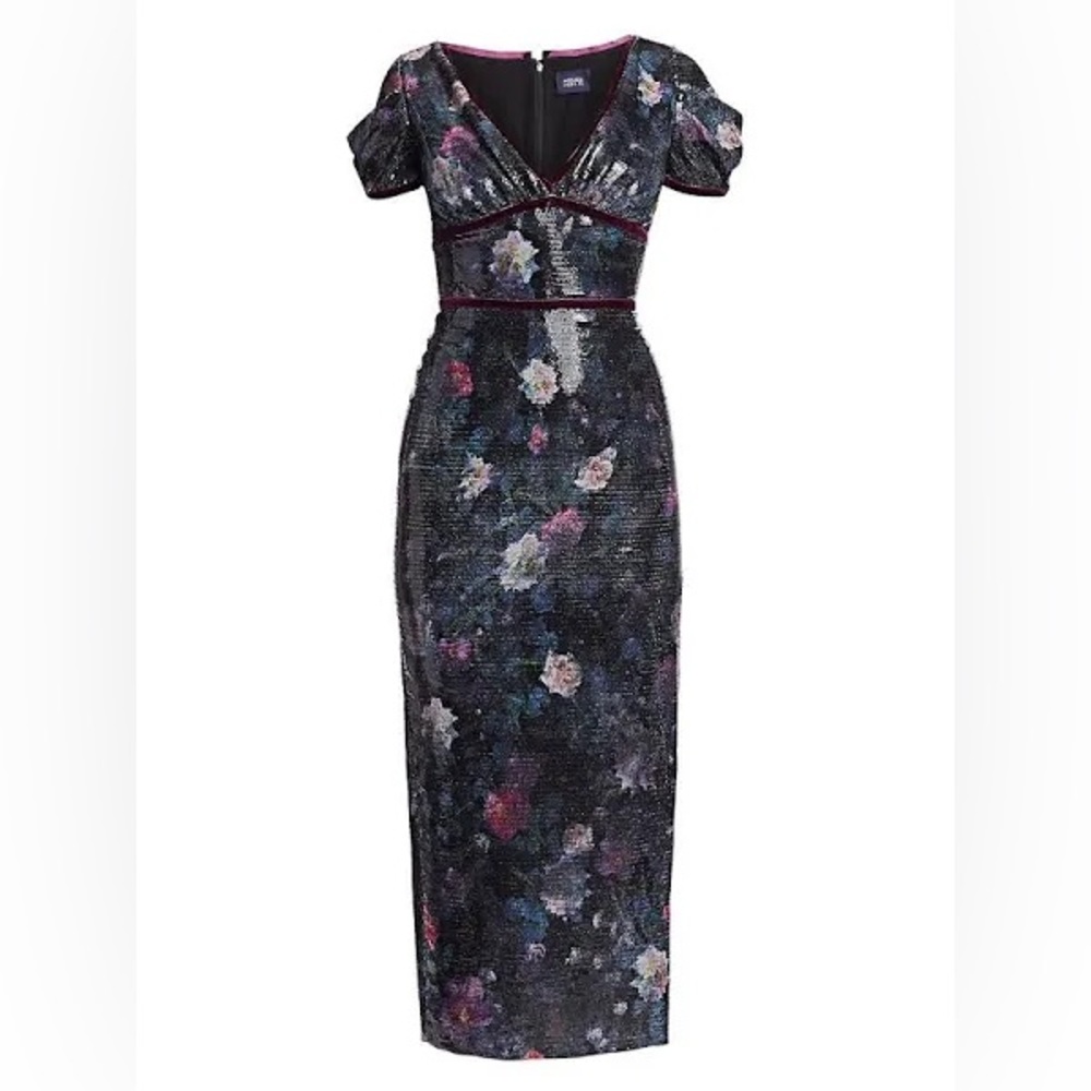 Marchesa Notte Sequin Midi Dress withVelvet Trim